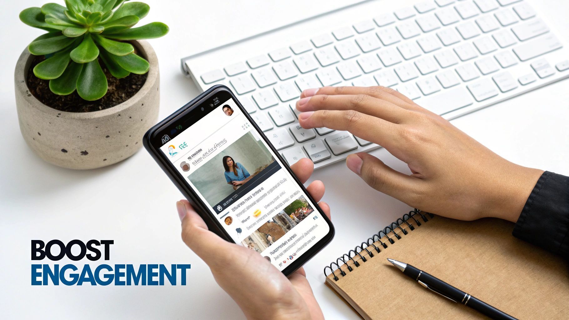 Personas interactuando con un post en redes sociales en un smartphone.