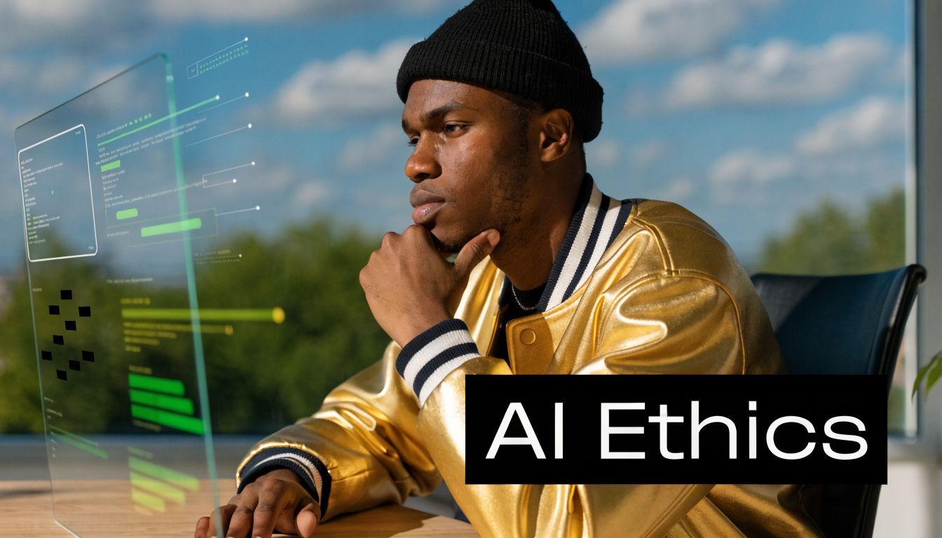 En ung mand, der tænksomt kigger på en holografisk computerskærm med teksten AI Ethics overlagt.