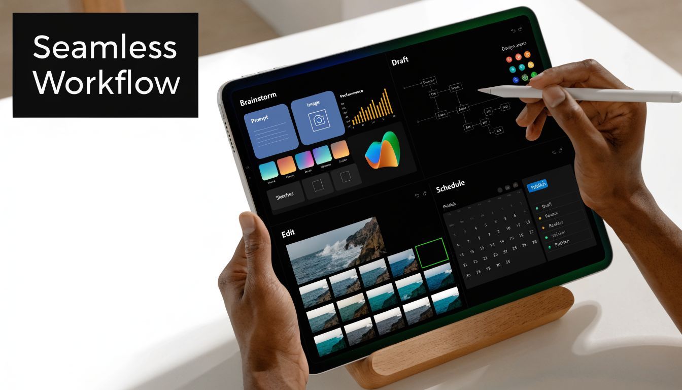 En person, der bruger en stylus på en tablet, der viser en interface for en kreativ workflow-management-applikation.