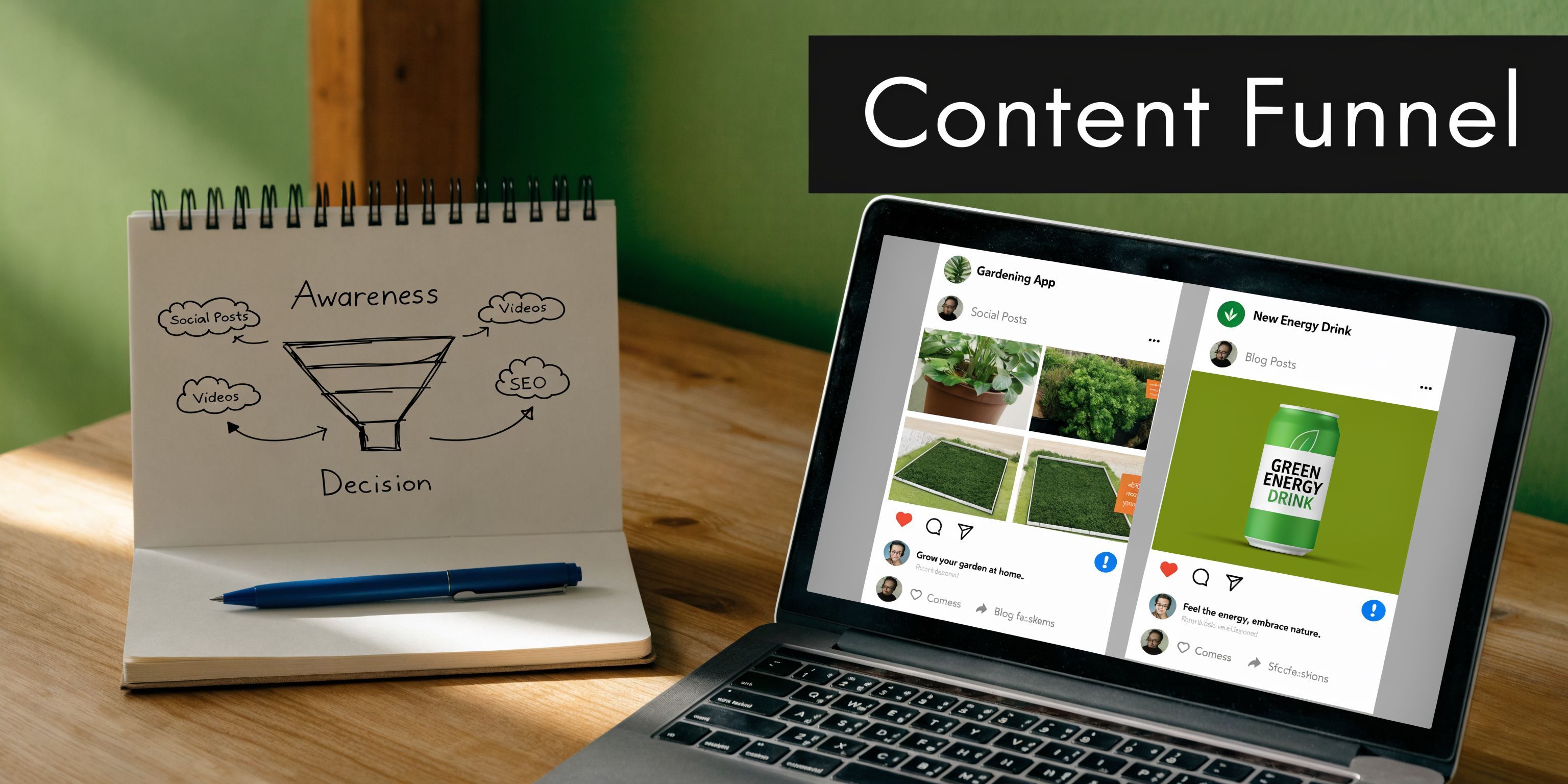 A notepad with a hand-drawn content marketing funnel next to a laptop showing social media marketing content.