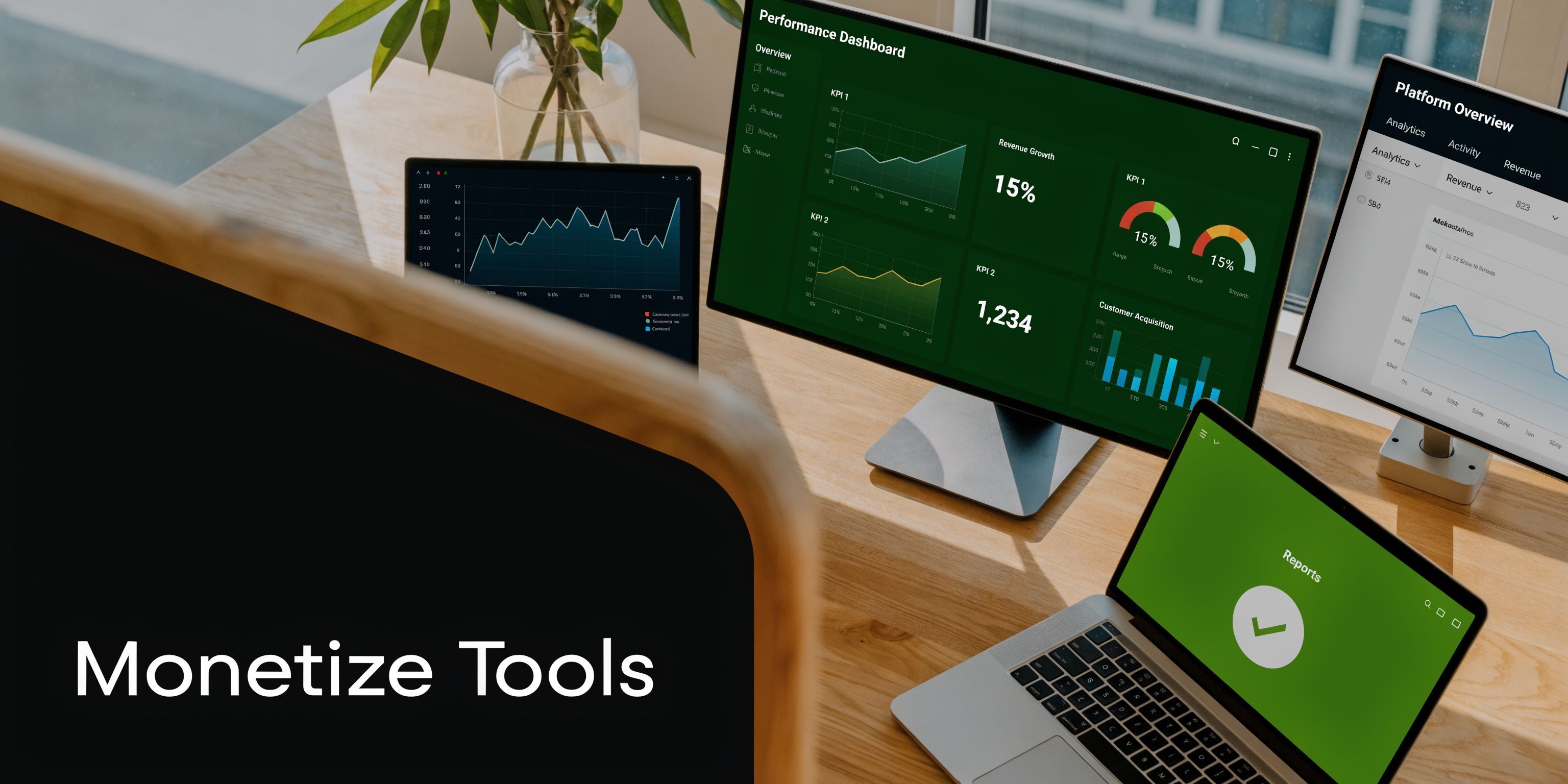A modern workspace featuring multiple monitors and a laptop displaying data dashboards and performance analytics software.