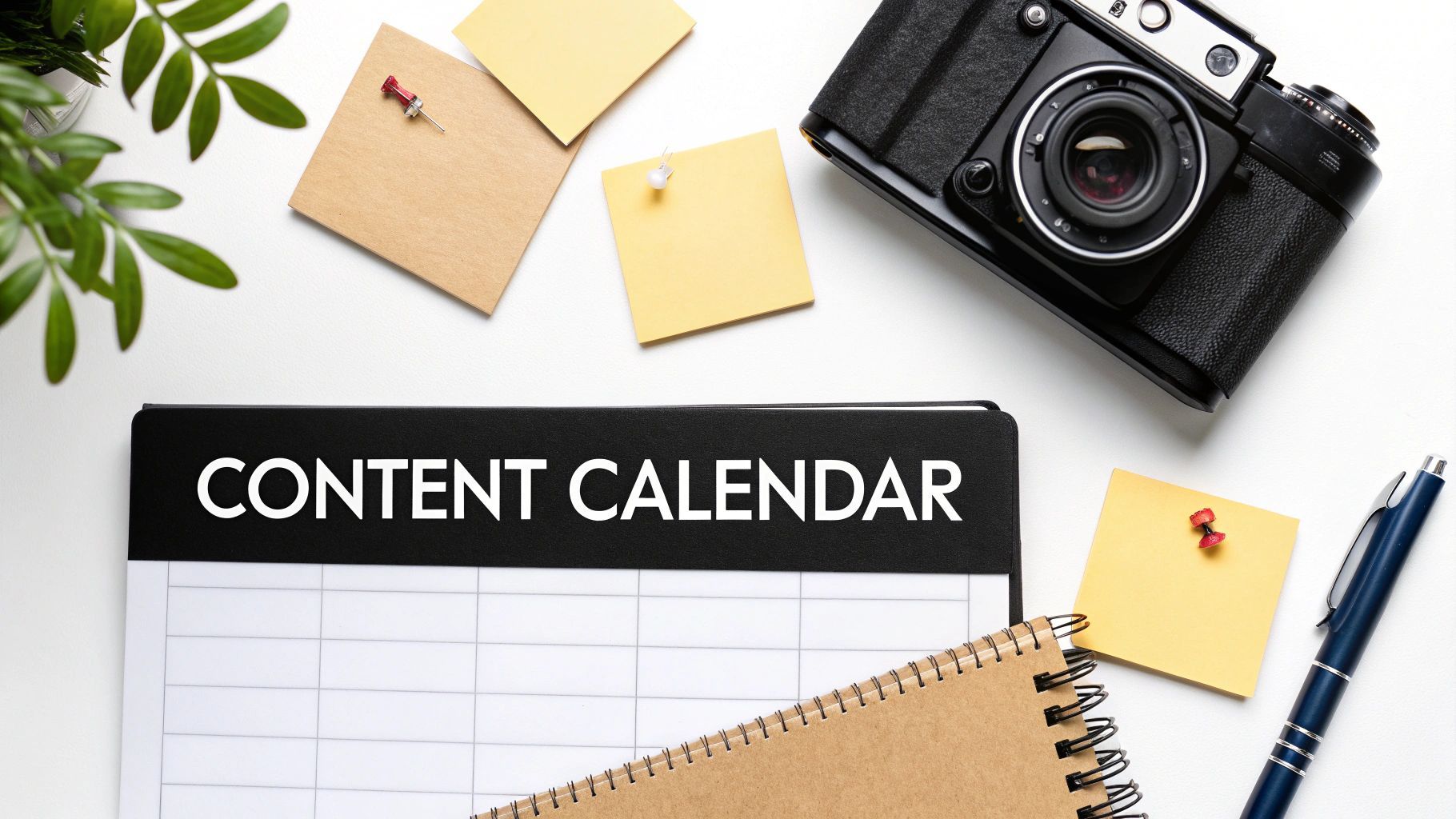 Una persona planificando un calendario de contenido para redes sociales en un gran escritorio con notas adhesivas y un portátil