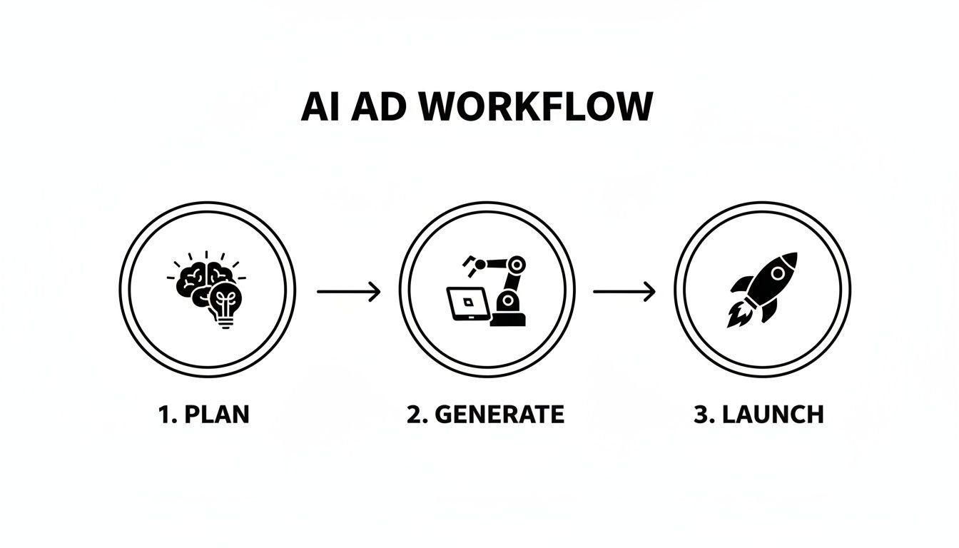 Un diagramme en trois étapes d’un flux de travail IA pour publicités montrant les processus de planification, génération et lancement avec des icônes.