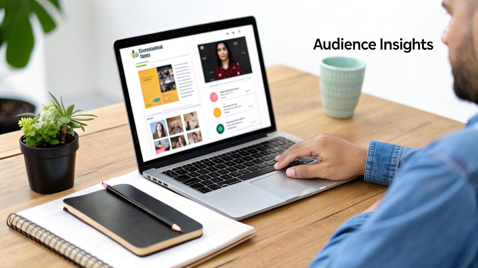 Vue par-dessus l’épaule d’une personne utilisant un ordinateur portable pour analyser des insights d’audience sur un bureau en bois.