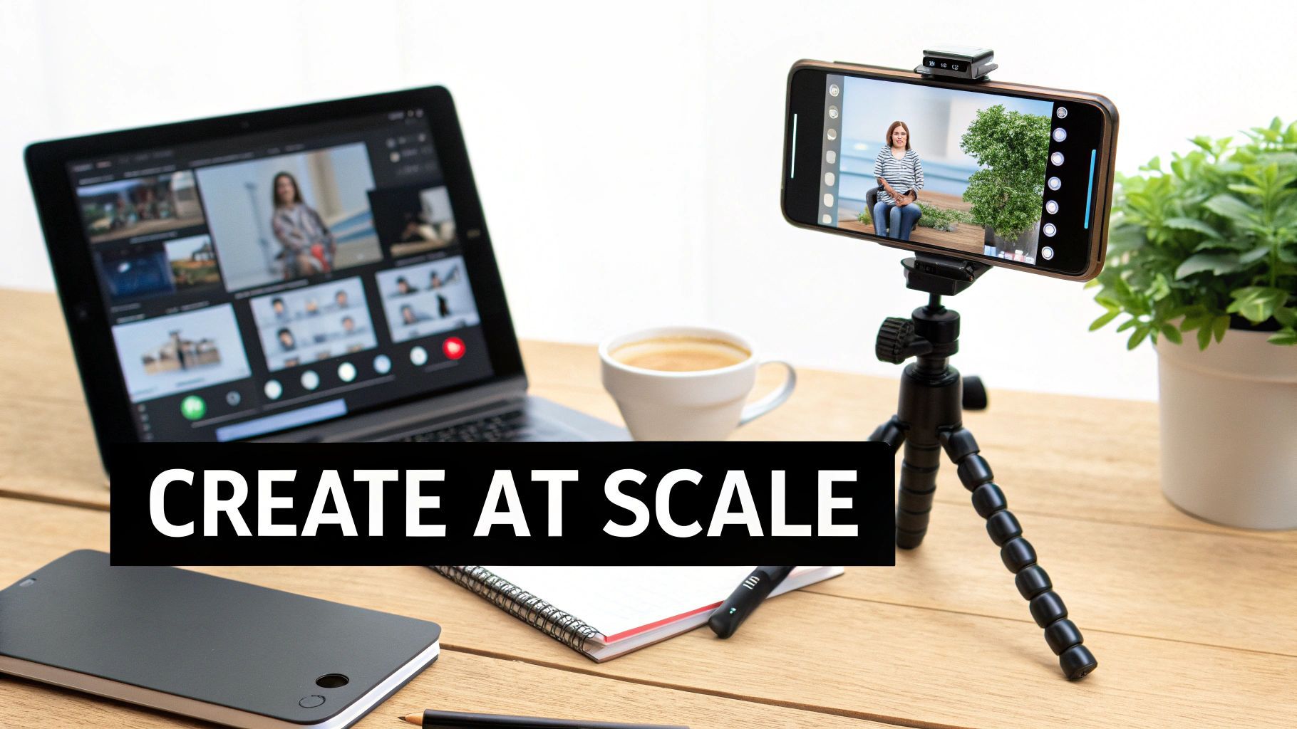 Un setup de bureau pour travail remote ou création de contenu, avec ordinateur portable, smartphone sur trépied et café.