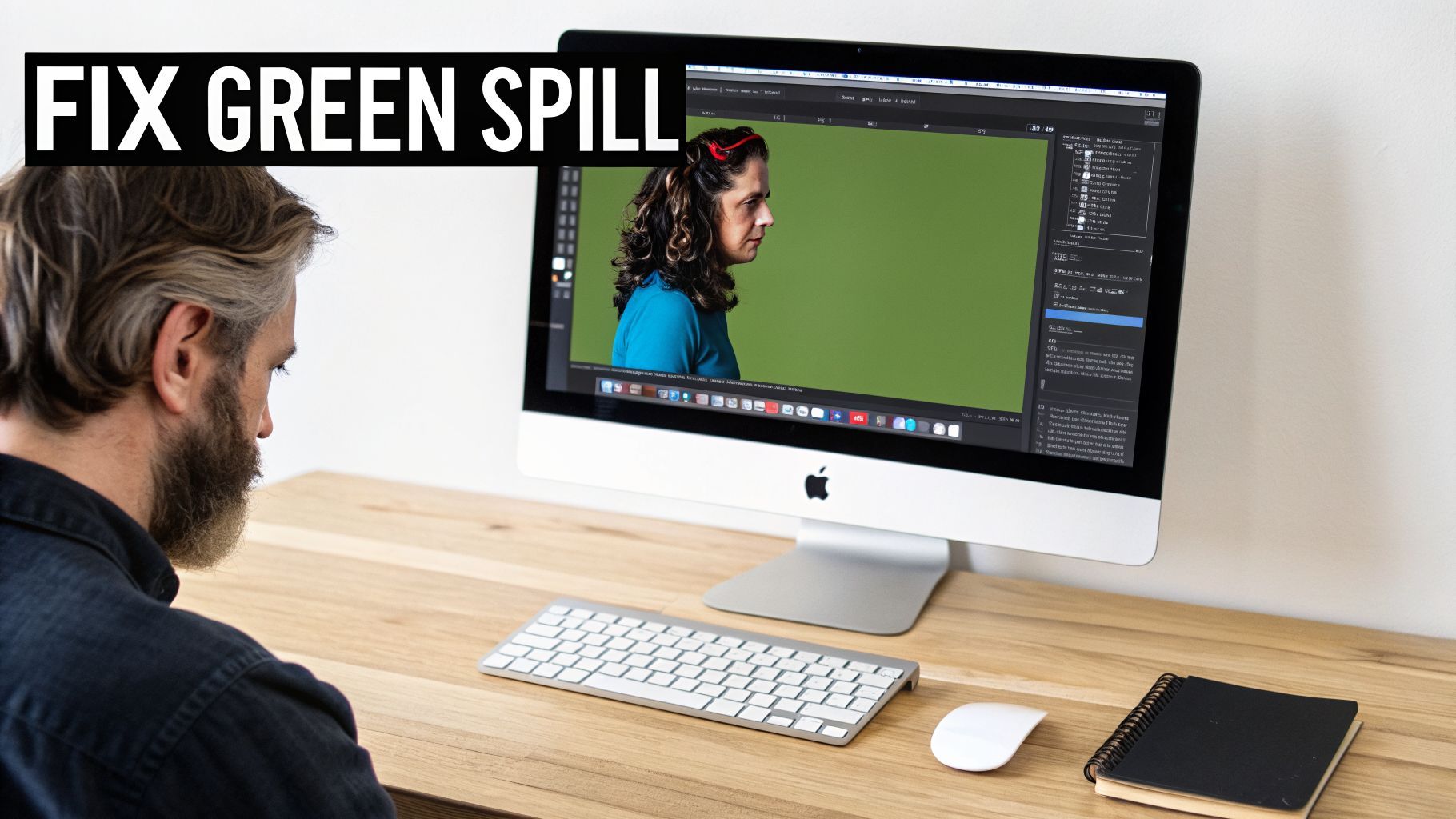 Une personne travaille intensément sur un ordinateur, montant une image avec un arrière-plan écran vert et le texte « FIX GREEN SPILL ».