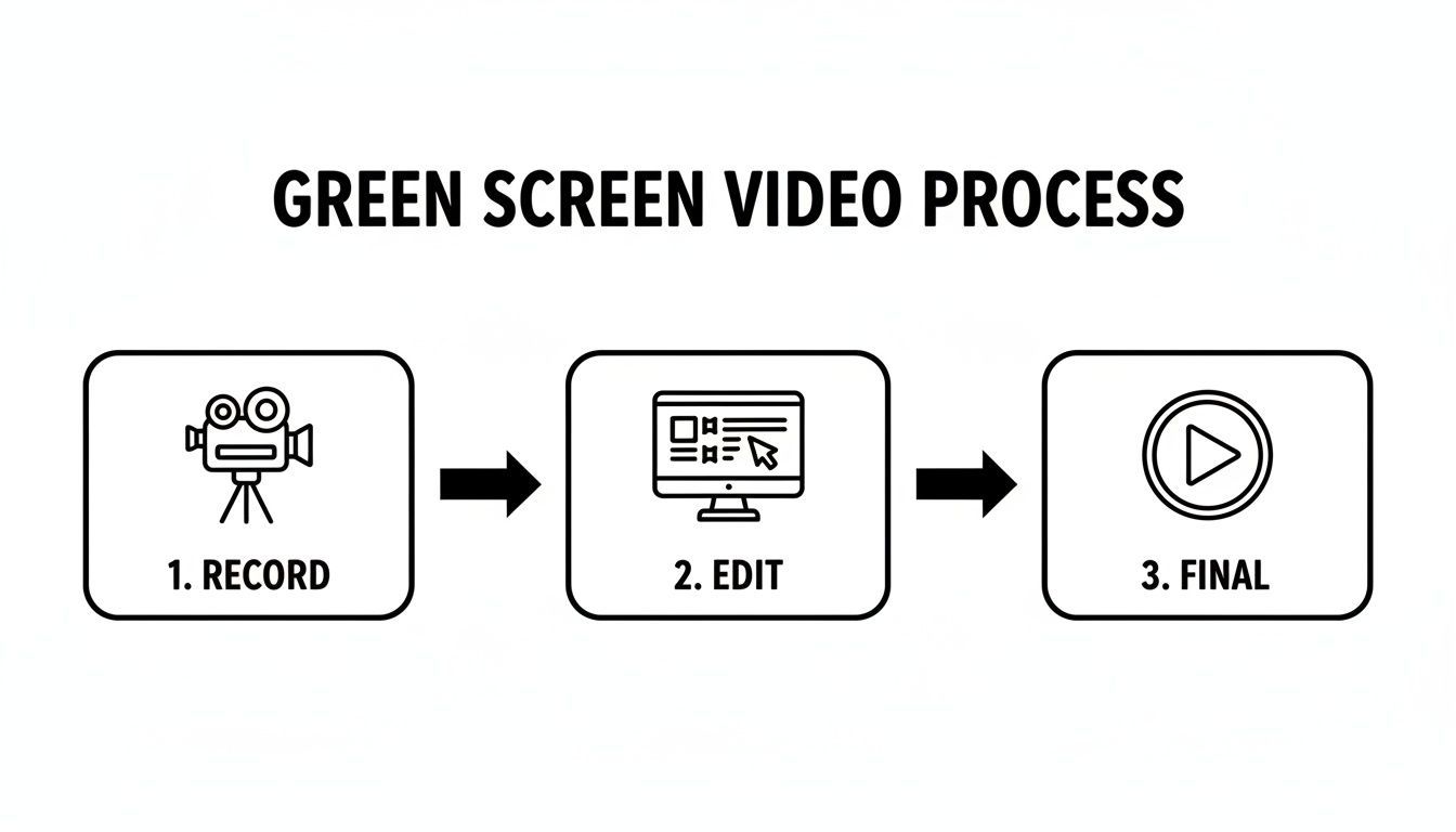 Infographie détaillant les trois étapes du processus de vidéo écran vert : enregistrement, montage et final.