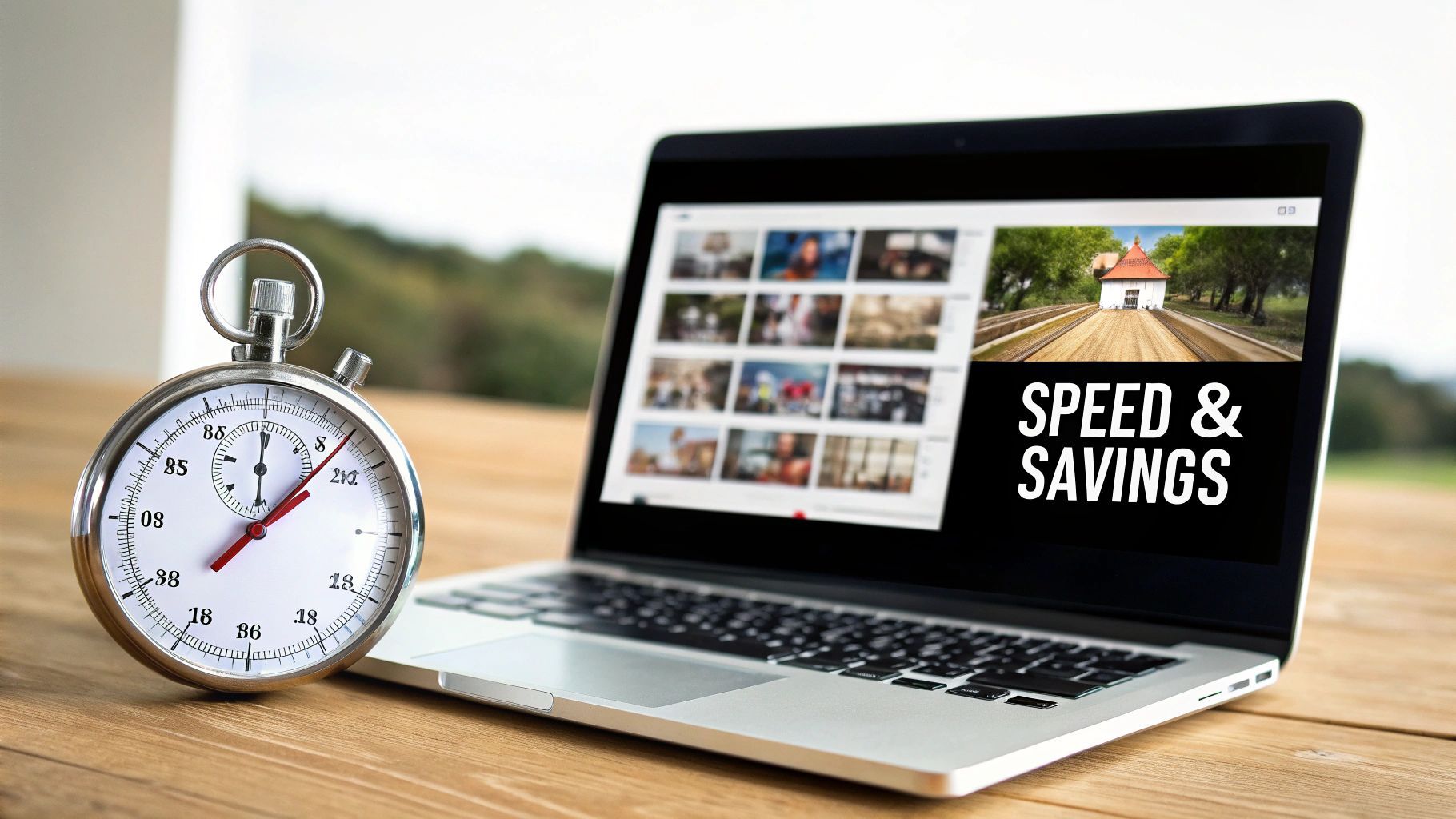 Chronomètre à côté d'un ordinateur portable affichant le texte « SPEED & SAVINGS », symbolisant l'efficacité et les résultats rapides.