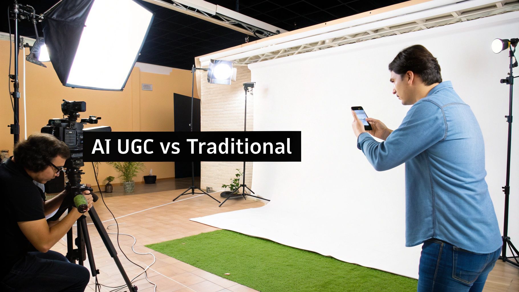 Deux personnes dans un studio, l'une filmant avec une caméra professionnelle, l'autre capturant du contenu avec un téléphone intelligent.