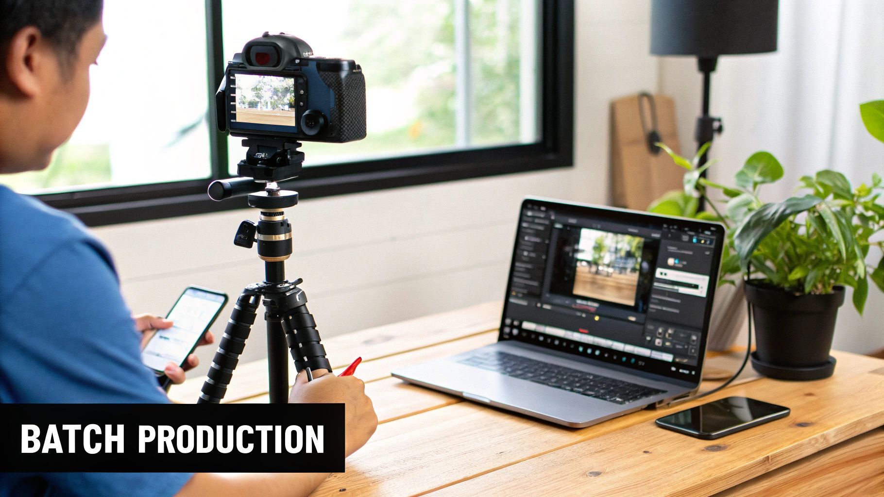 A person films video with a camera on a tripod, editing content on a laptop screen.