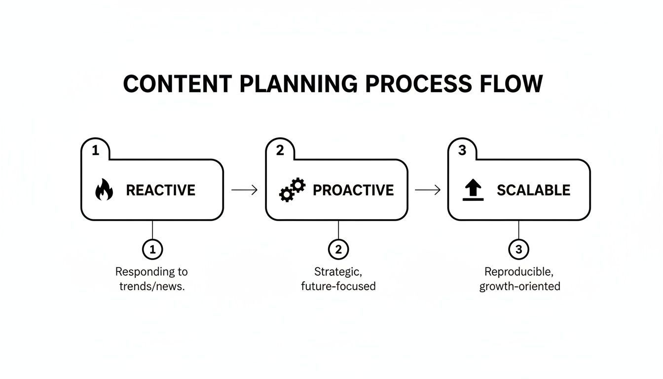 Flowchart illustrating the content planning process: Reactive, Proactive, and Scalable stages explained.