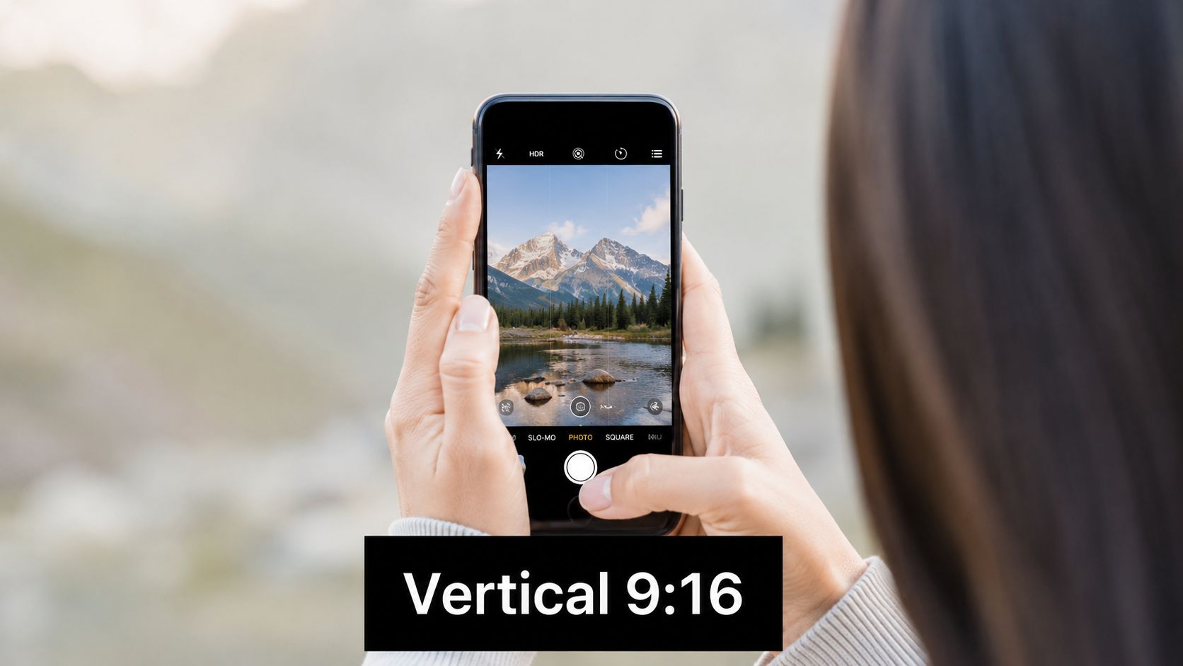 Una persona sujetando un smartphone en vertical para capturar una foto de paisaje de montaña y lago.