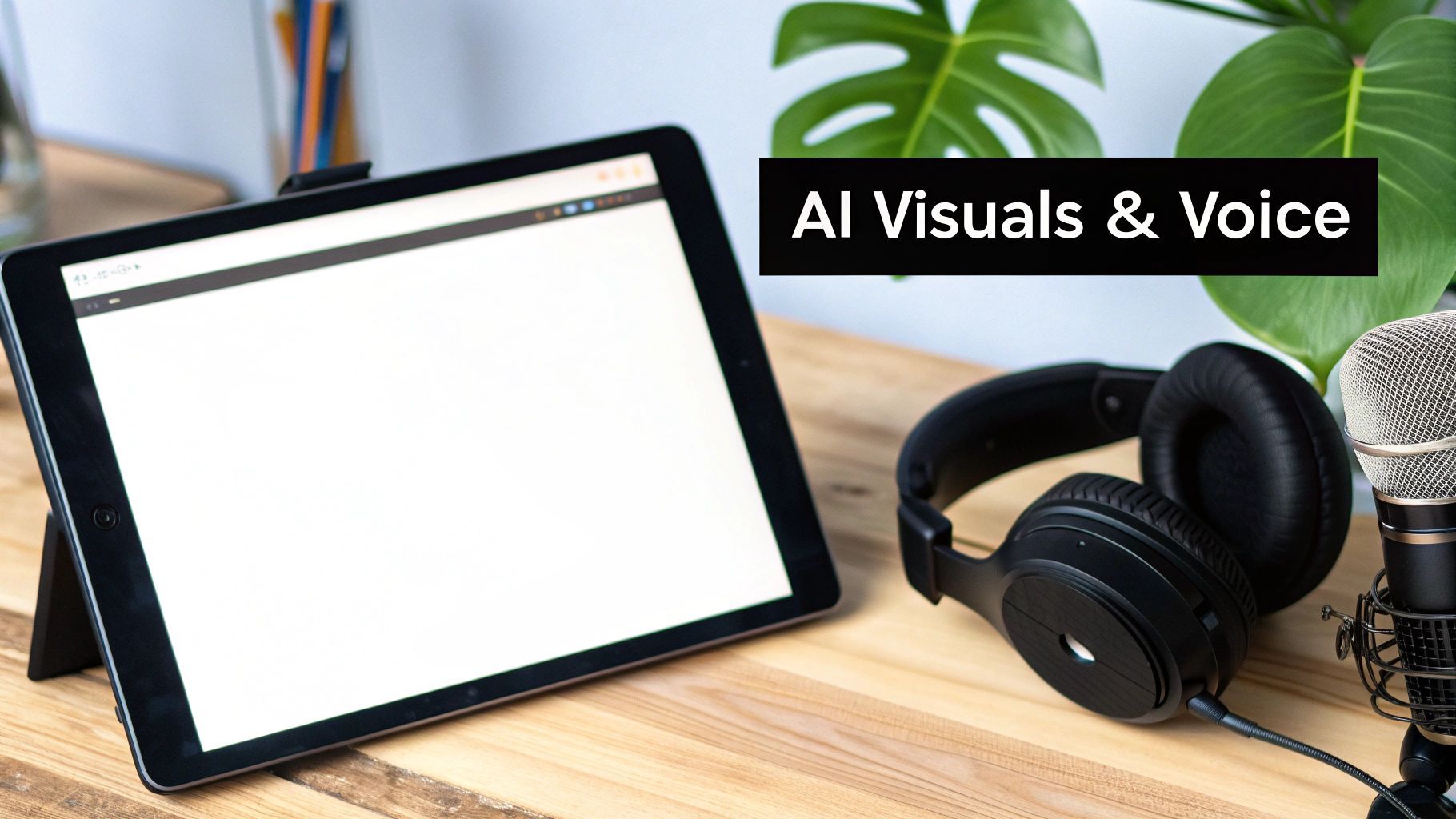 A tablet, headphones, and microphone on a desk, with text 'AI Visuals & Voice'.
