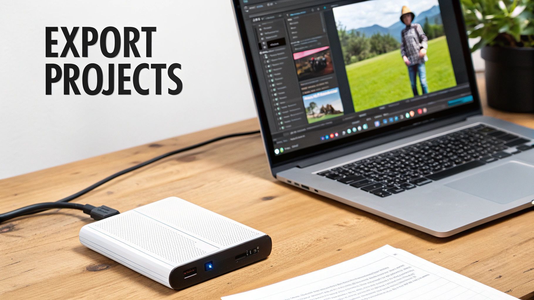 حاسوب محمول يعرض برمجية تحرير فيديو متصل بقرص صلب محمول على مكتب خشبي، مع نص 'تصدير المشاريع'.