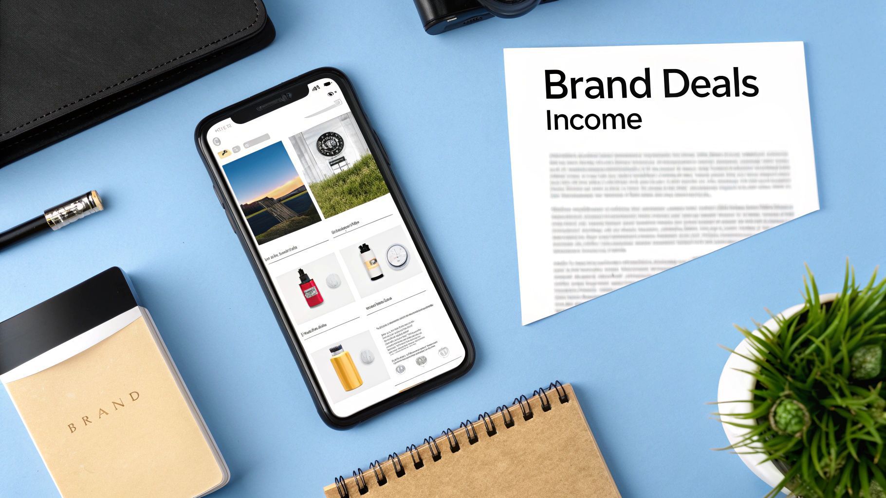 A flat lay of a blue desk with a smartphone showing products, 'Brand Deals Income' document, and office supplies.