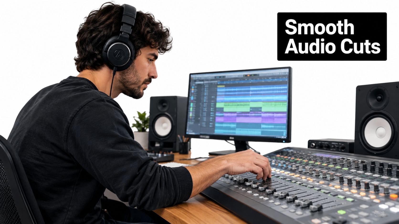 'n Professionele oudio-ingenieur wat aan musiekproduksie werk by 'n digitale mengtroebel in 'n ateljee.
