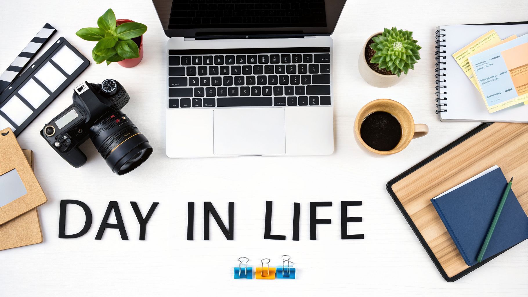 Viditeľný flat lay kreatívneho pracovného priestoru s laptopom, kamerou, kávou, rastlinami a textom 'DAY IN LIFE'.