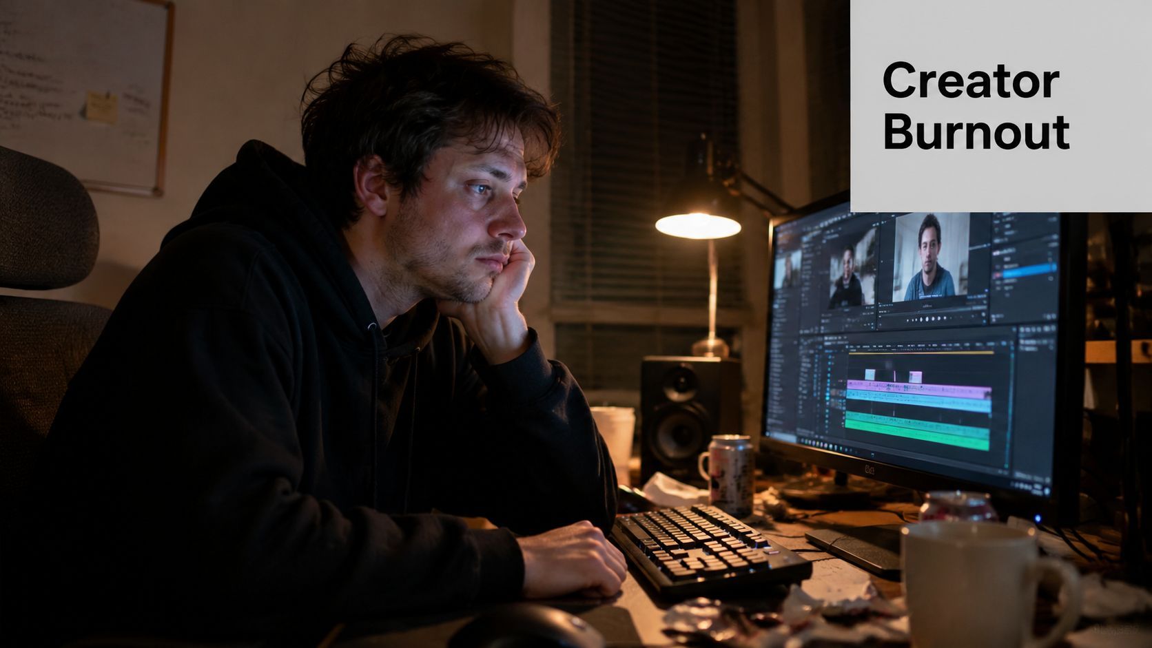 A tired content creator feeling burnt out while editing video on a computer in a dim room.