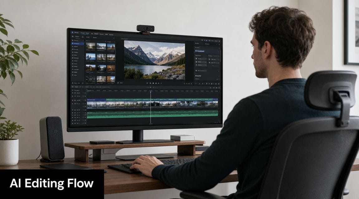 A professional video editor working on a computer setup featuring advanced AI video editing software.