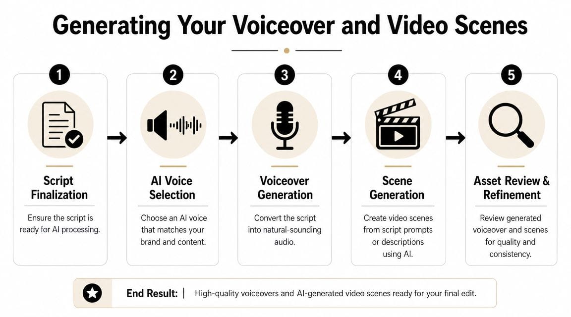 A five-step infographic showing the workflow for generating AI-powered voiceovers and video scenes for content.