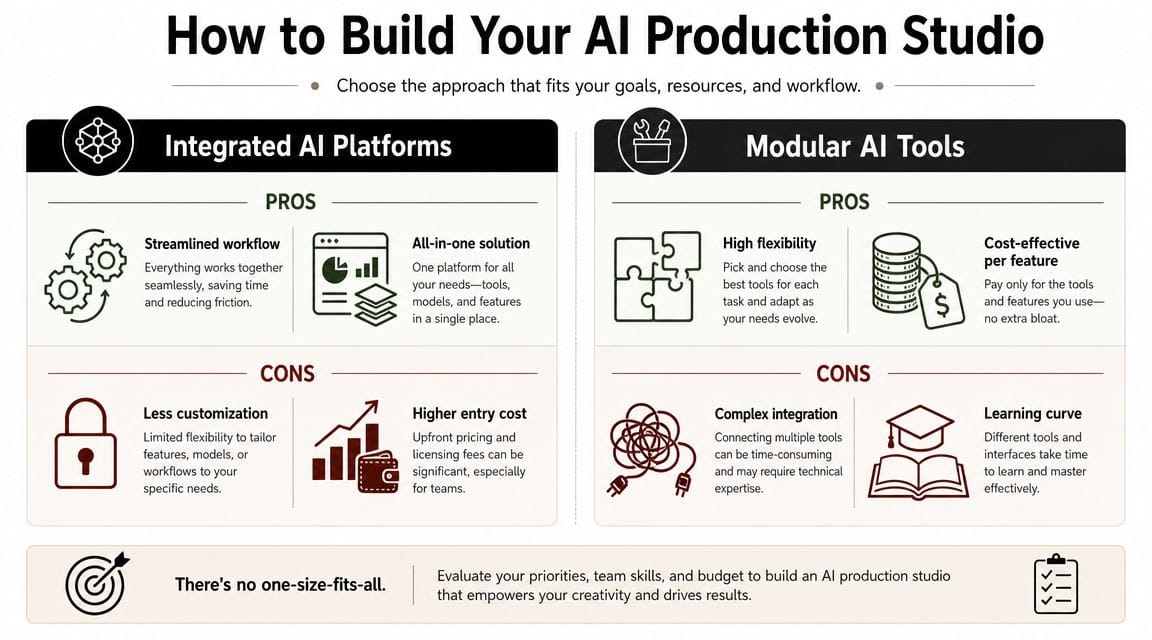 A comparison chart outlining the pros and cons of using integrated AI platforms versus modular AI tools.