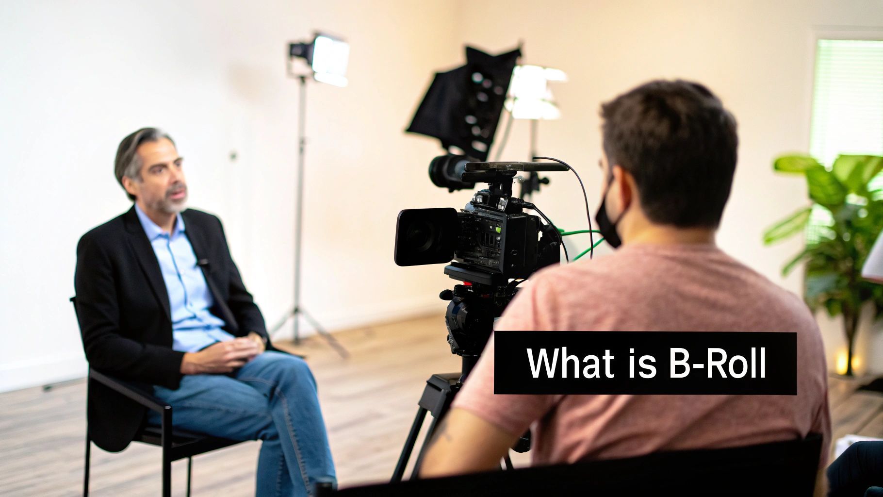 Seorang lelaki berssuit sedang ditemu bual di hadapan kamera, dengan jurukamera dan lampu studio.