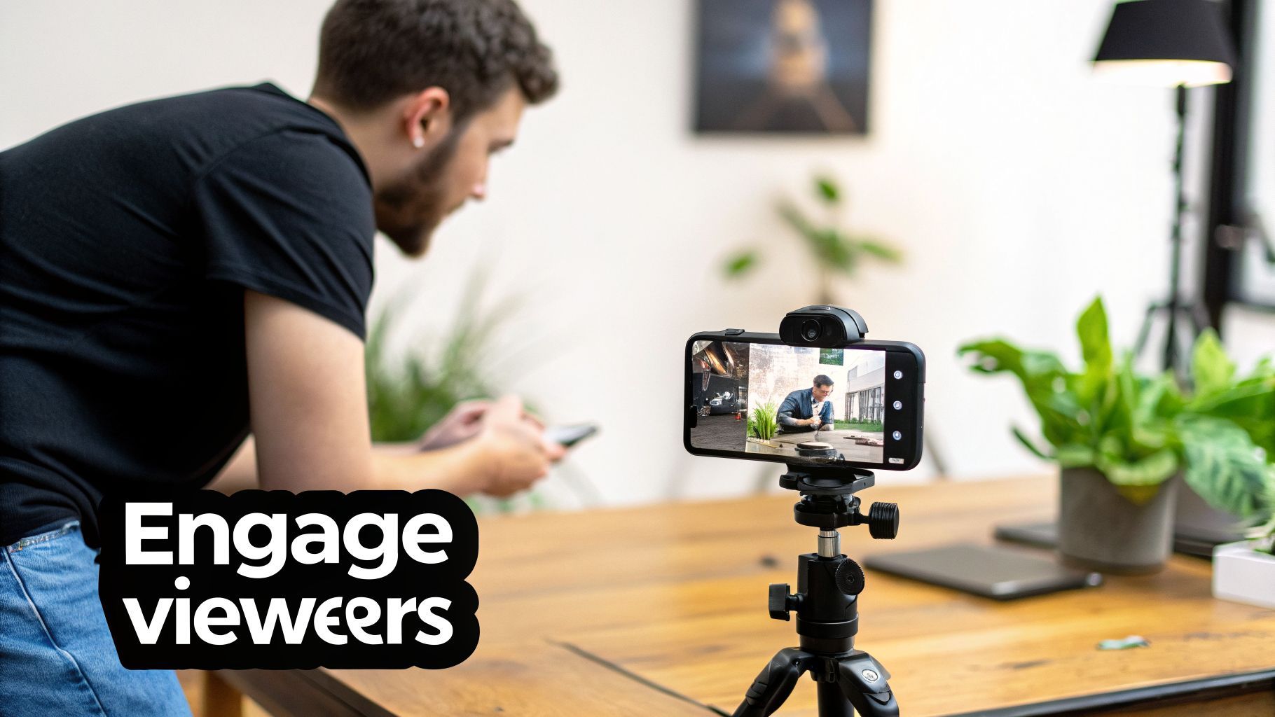 Seorang pria muda menonton video di smartphone yang dipasang di tripod dengan teks overlay 'Libatkan penonton', di ruangan modern.