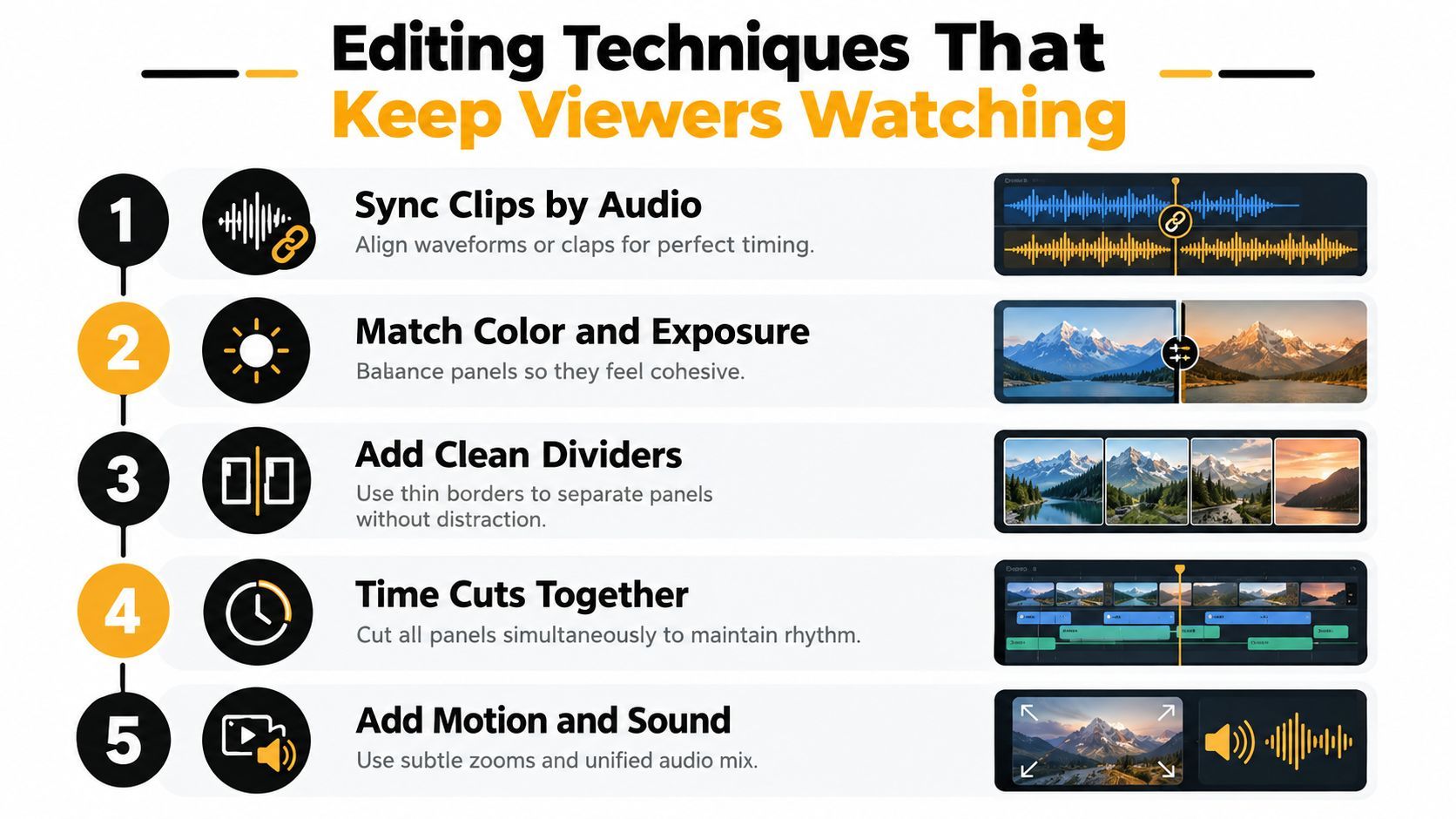 Ένα infographic με τίτλο Editing Techniques That Keep Viewers Watching, που παρουσιάζει πέντε tips για βελτίωση multi-panel video layouts.