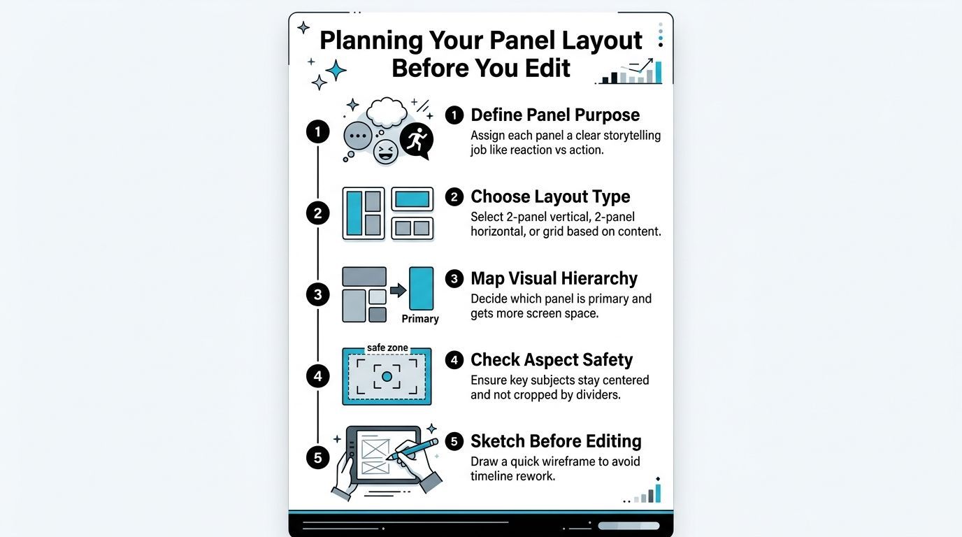 Ένα infographic βήμα-βήμα με τίτλο Planning Your Panel Layout, που περιγράφει πέντε βασικά στάδια για επεξεργασία split-screen βίντεο.