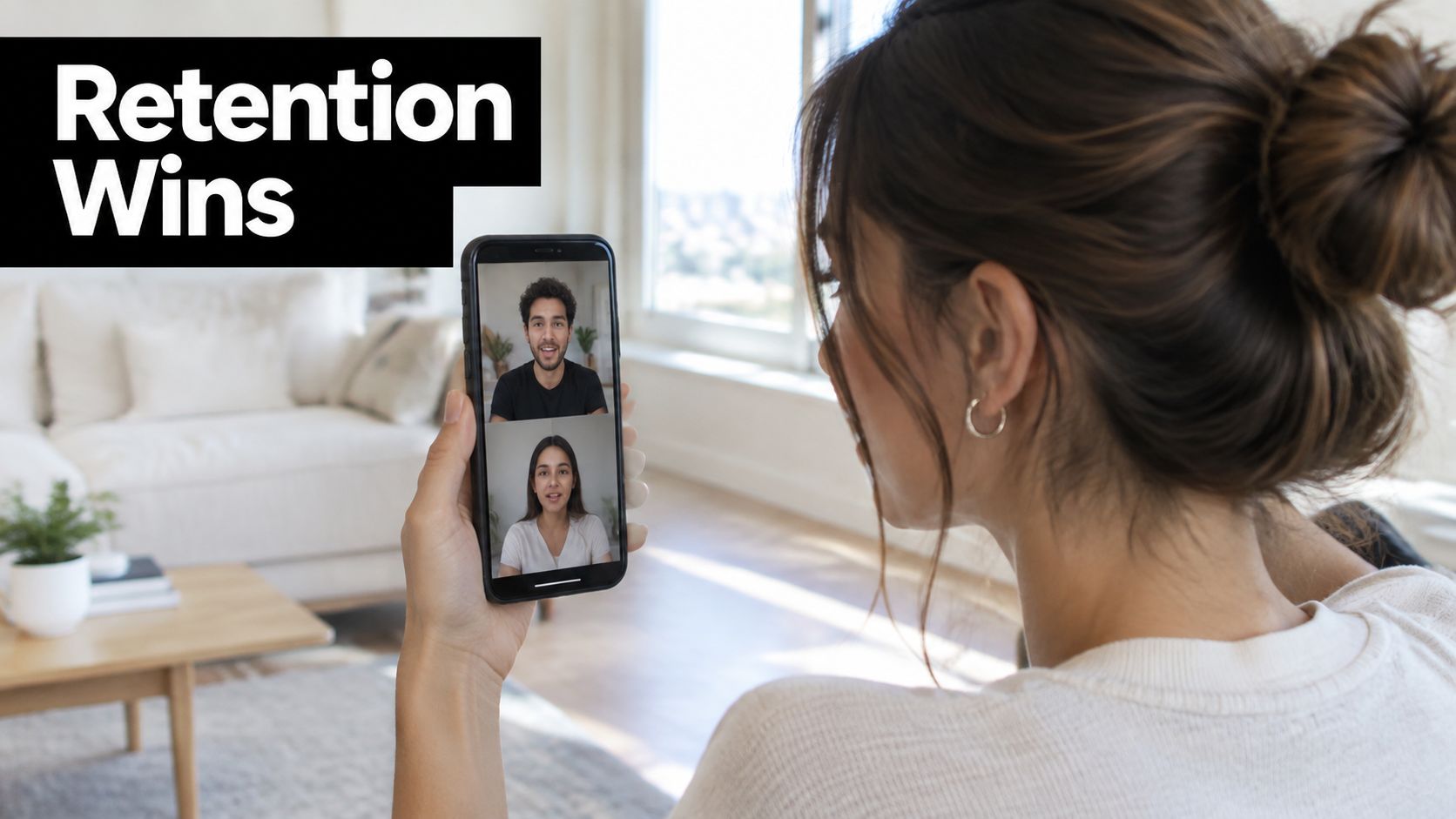 Μια γυναίκα κρατάει smartphone που εμφανίζει video call με split-screen με έναν άνδρα και μια γυναίκα.