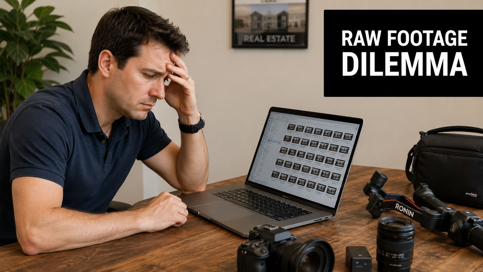 A frustrated videographer sits at a desk looking at many video files on his laptop screen.