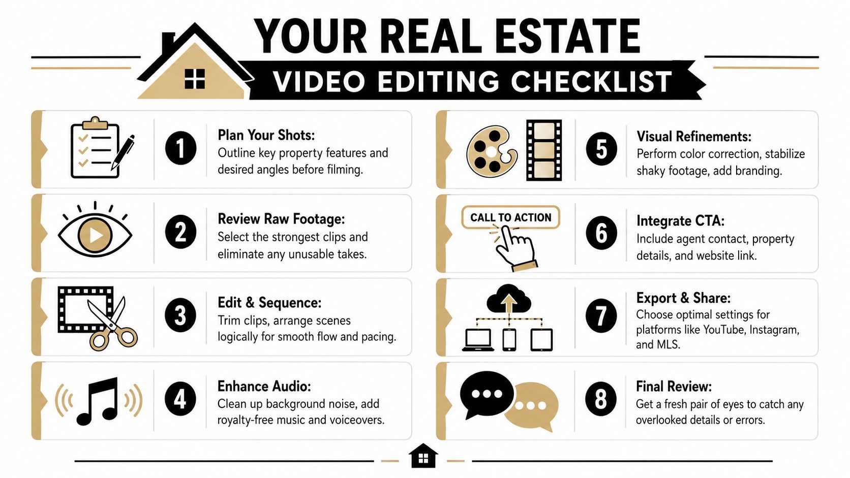 An infographic titled Your Real Estate Video Editing Checklist showing eight numbered steps for property video production.