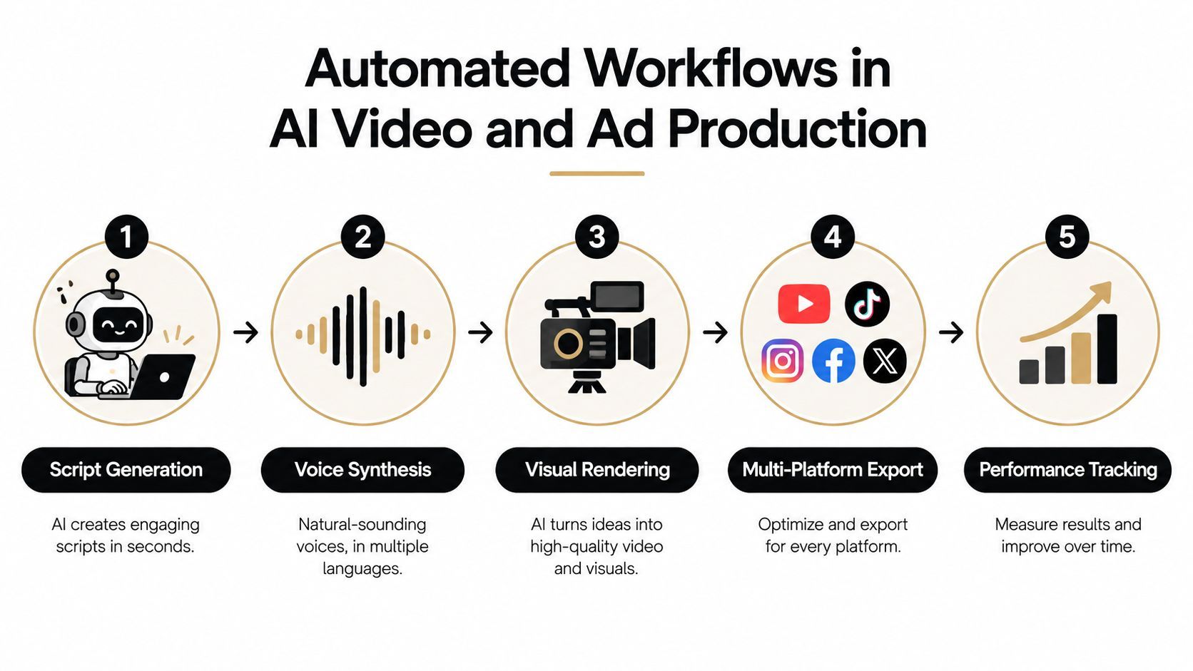 A five-step flowchart infographic illustrating an automated AI workflow for video and advertisement production processes.