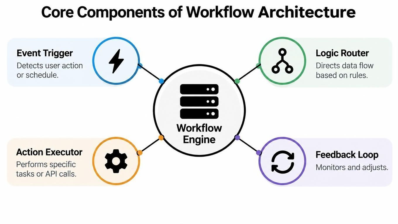 A diagram illustrating the four core components of workflow architecture: Event Trigger, Logic Router, Action Executor, and Feedback Loop.