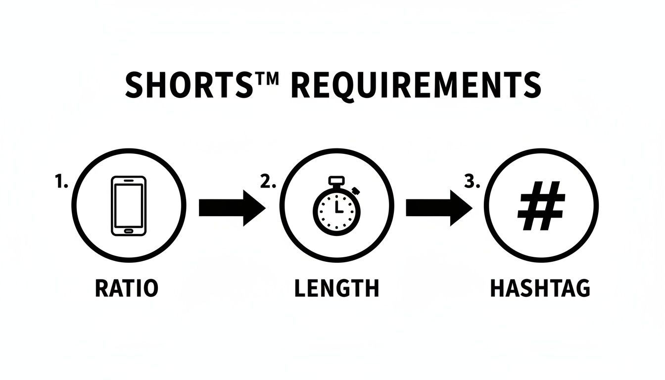 Guia visual que delineia els requisits de YouTube Shorts: relació d'aspecte, durada i hashtag, representats per icones.