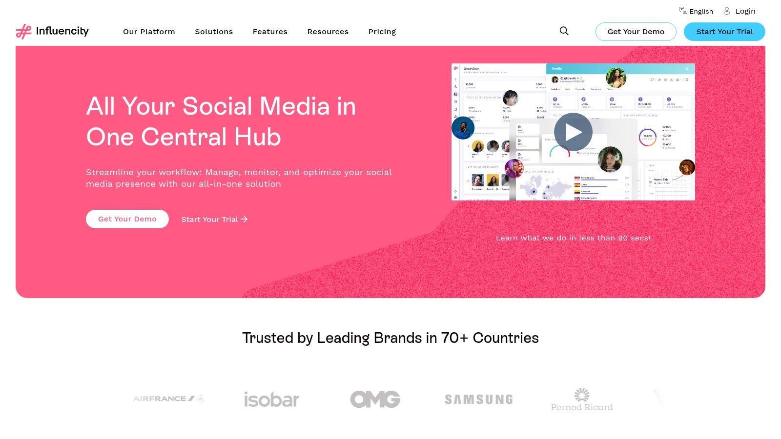 Influencity interface showing influencer analytics and data points.