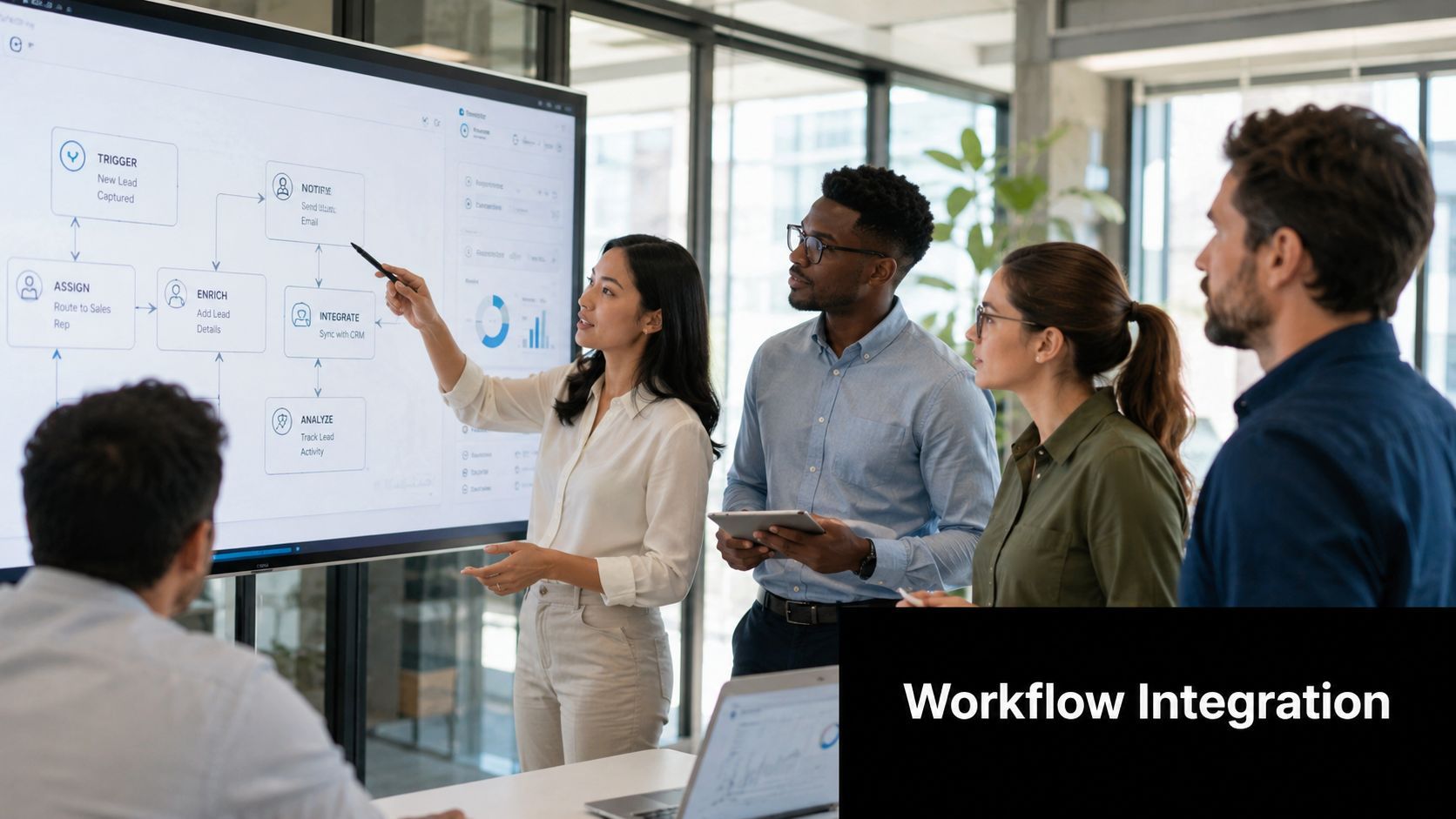 Un equipo profesional colaborando en una estrategia de flujo de trabajo digital en un entorno de oficina moderno y luminoso.