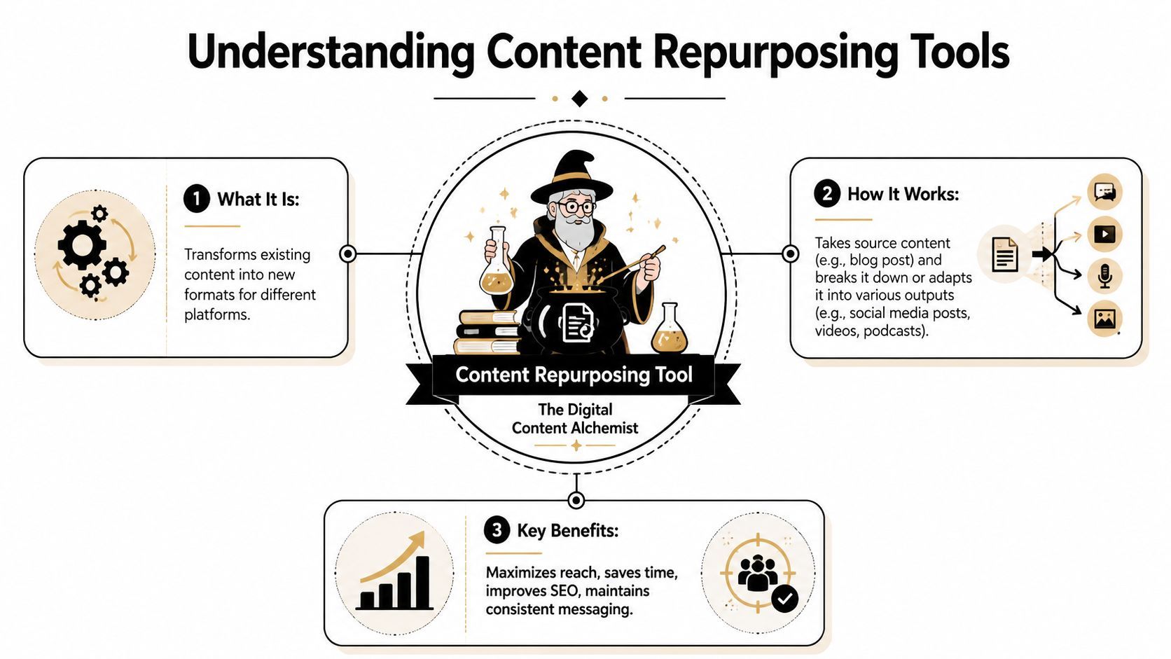 Una infografía que explica las herramientas de repurposing de contenido como alquimistas digitales que transforman el contenido en varios formatos para maximizar el alcance.