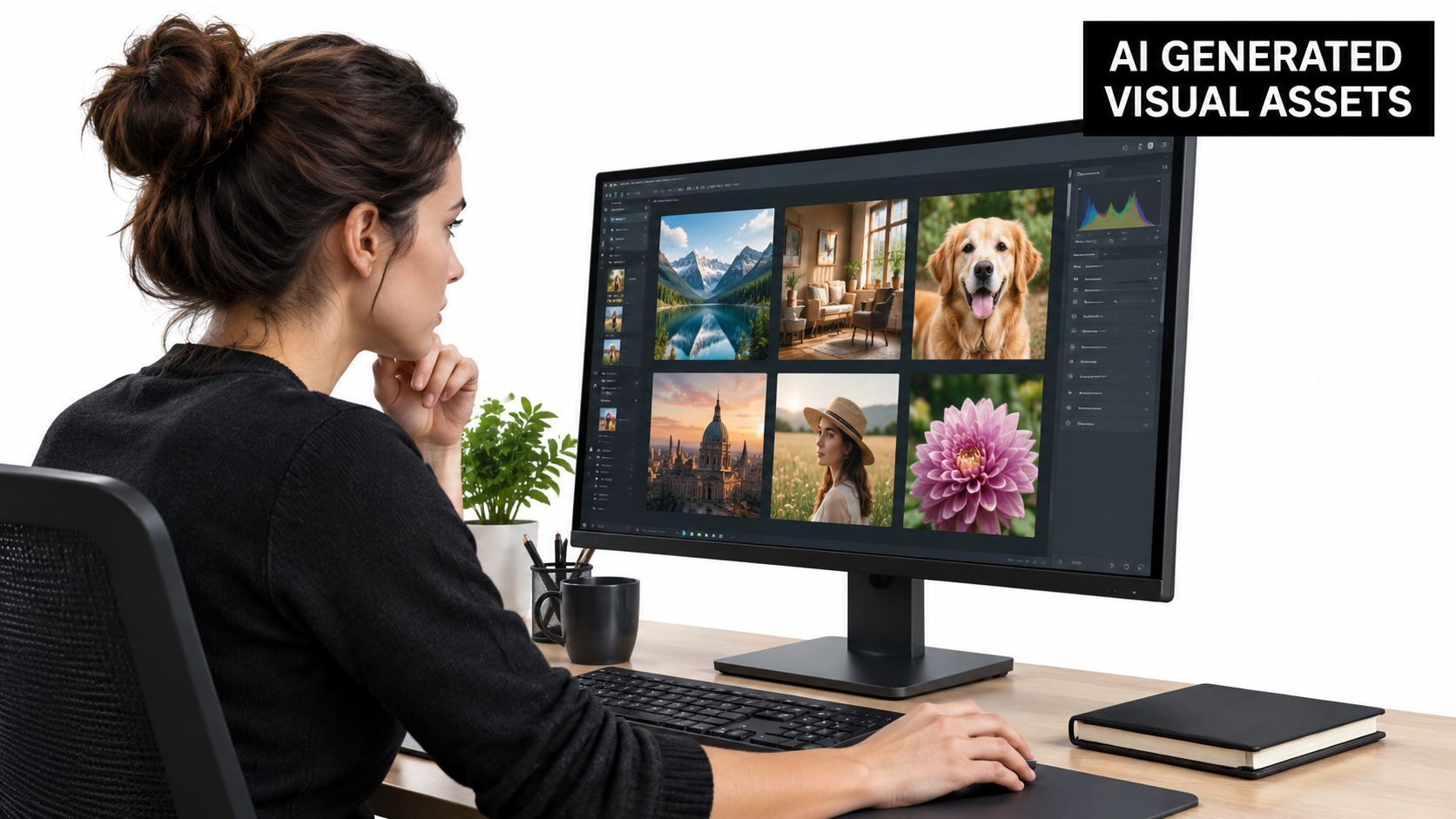 A woman working on a computer screen displaying various AI-generated images at a clean modern desk.