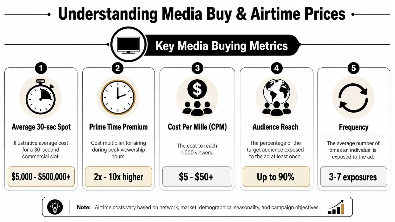 Un infographique montrant les métriques clés d'achat média pour les spots TV, incluant les coûts moyens et les stratégies de portée d'audience.