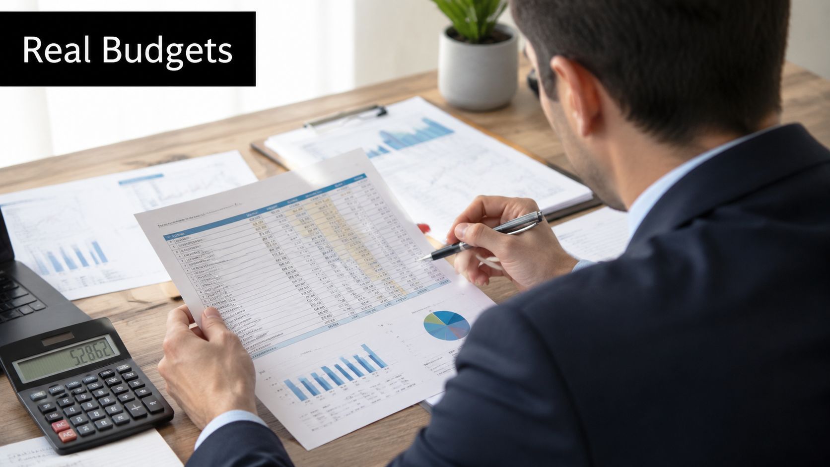 Un homme en costume professionnel examine des budgets financiers et des graphiques de données à son bureau.