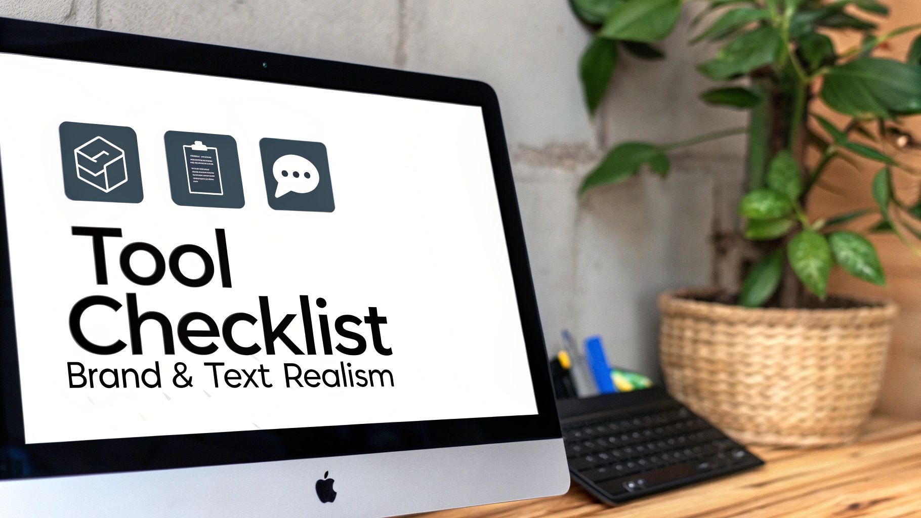 An Apple desktop computer displays a 'Tool Checklist' graphic with icons, text, a plant, and a keyboard.
