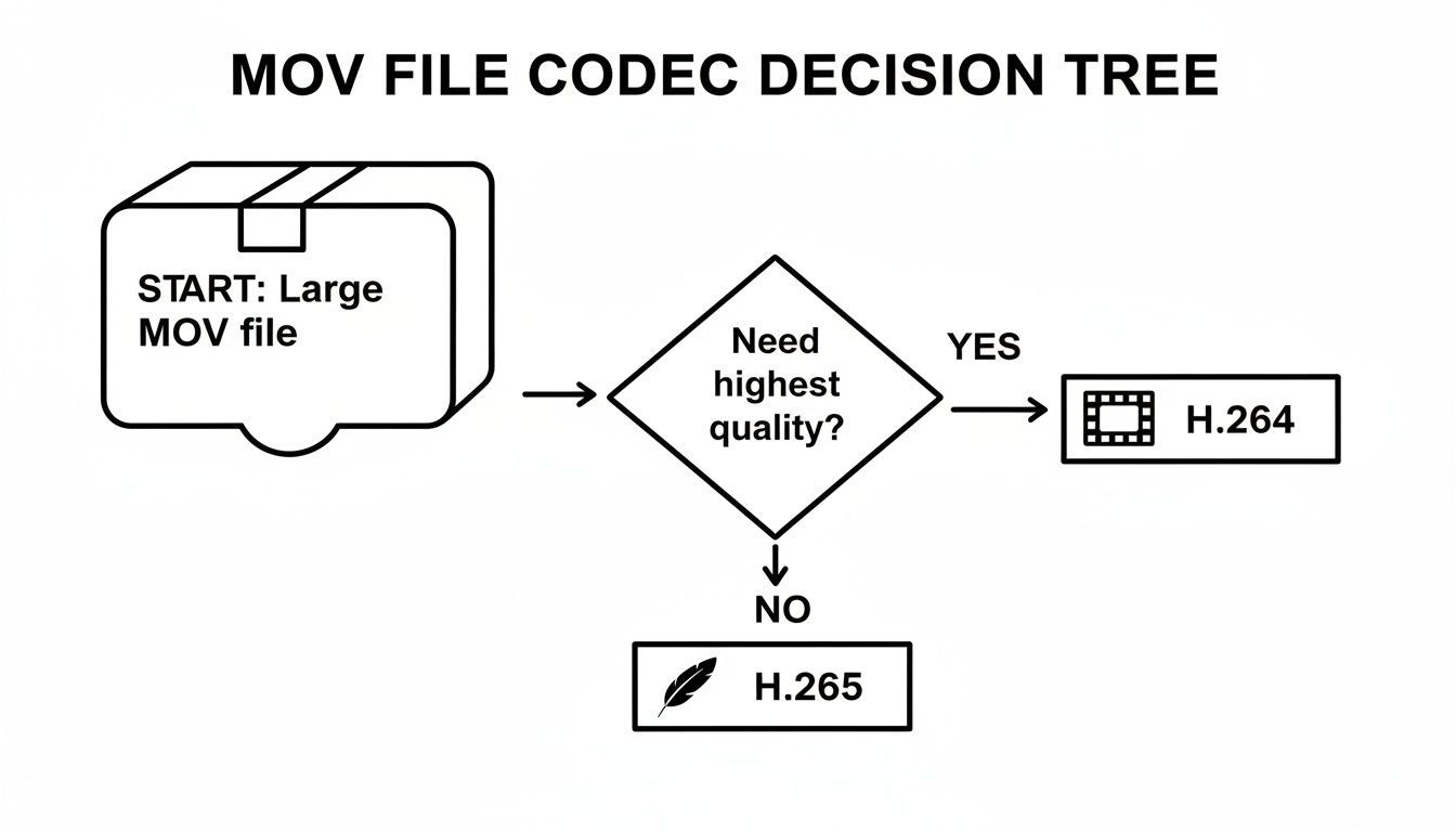 Un albero decisionale che illustra le scelte di codec per file MOV: H.264 per la massima qualità, H.265 per dimensione più piccola.
