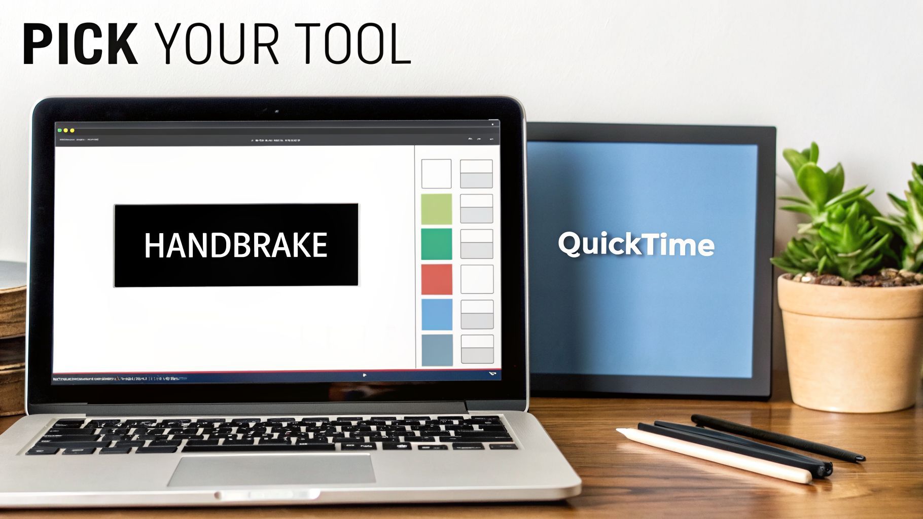 Un laptop che mostra il software Handbrake, accanto a uno schermo con QuickTime, con testo 'Pick Your Tool'.