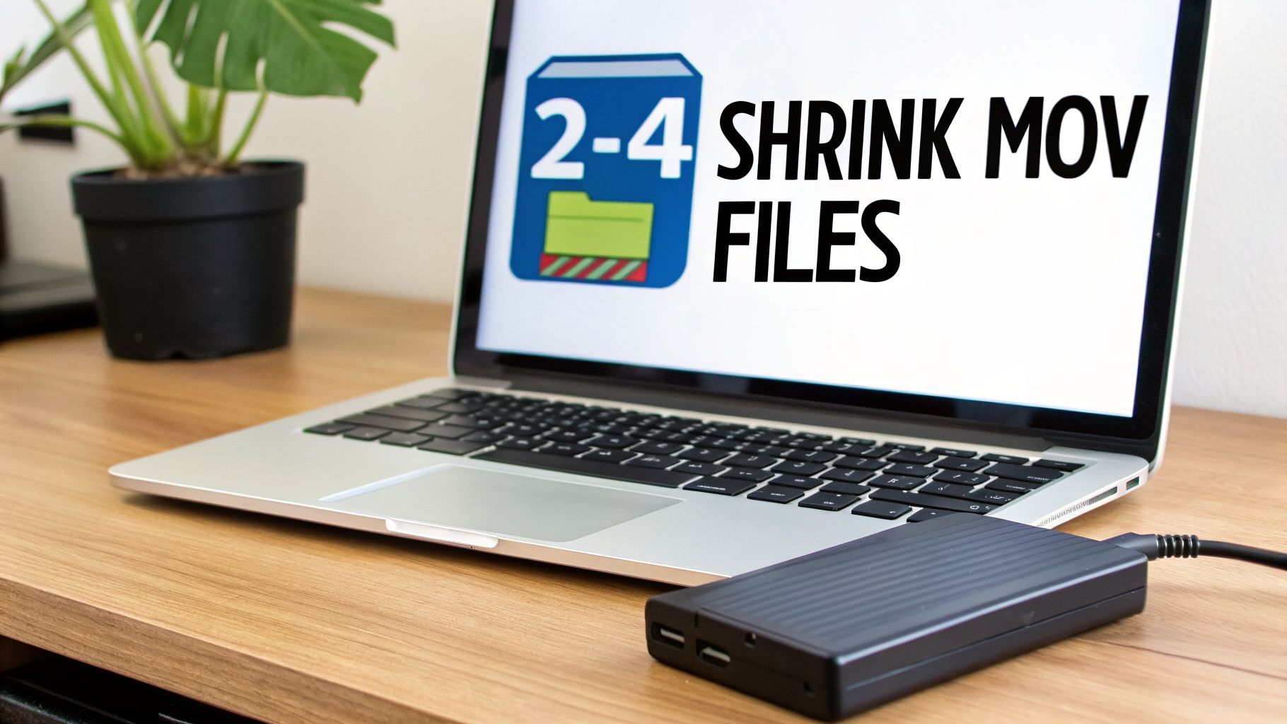 Un laptop che mostra "SHRINK MOV FILES" sul suo schermo, collegato a un'unità esterna, posizionato su una scrivania di legno.