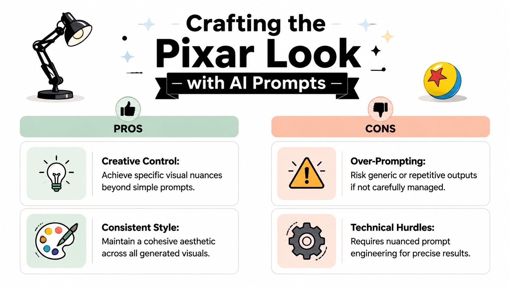 Un gràfic de comparació que delineia els pros i contres d'utilitzar prompts d'AI per crear un estil d'animació Pixar.