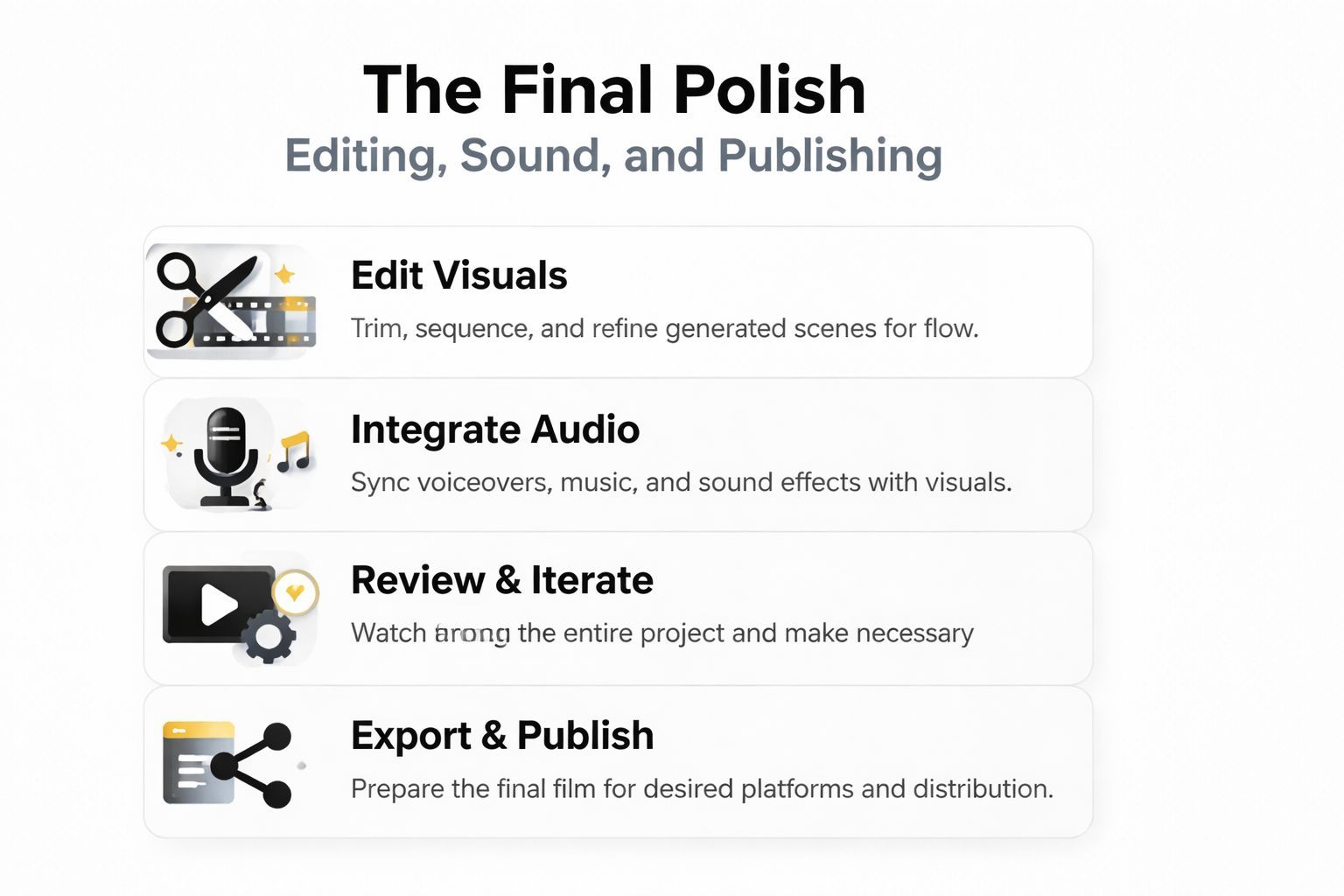 Una diapositiva titulada El Poliment Final que delineia quatre passos per editar, so i publicar un projecte de vídeo.