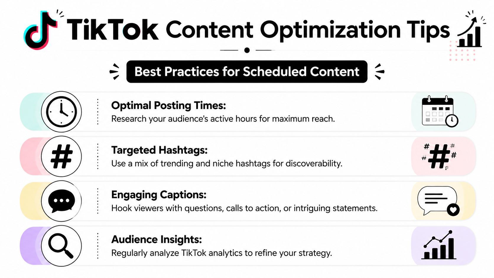Una infografia que detalla les millors pràctiques per optimitzar el contingut programat de TikTok, incloent horaris de publicació i ús de hashtags.