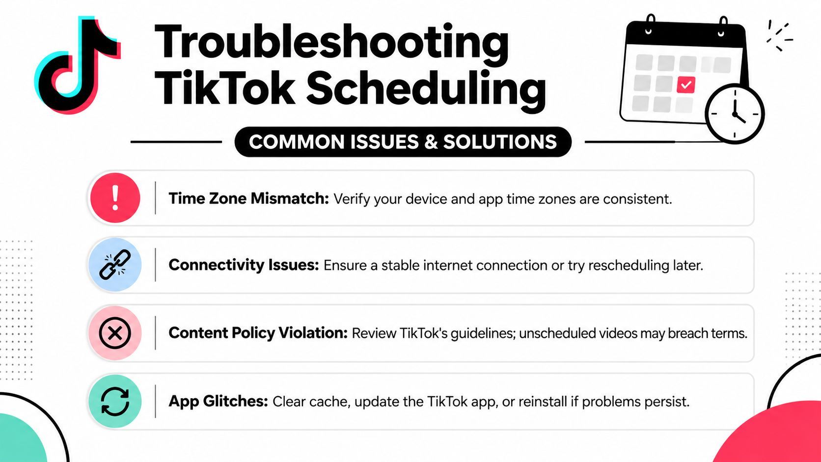 Una infografia que llista problemes comuns i solucions per programar vídeos a l'app mòbil de TikTok.