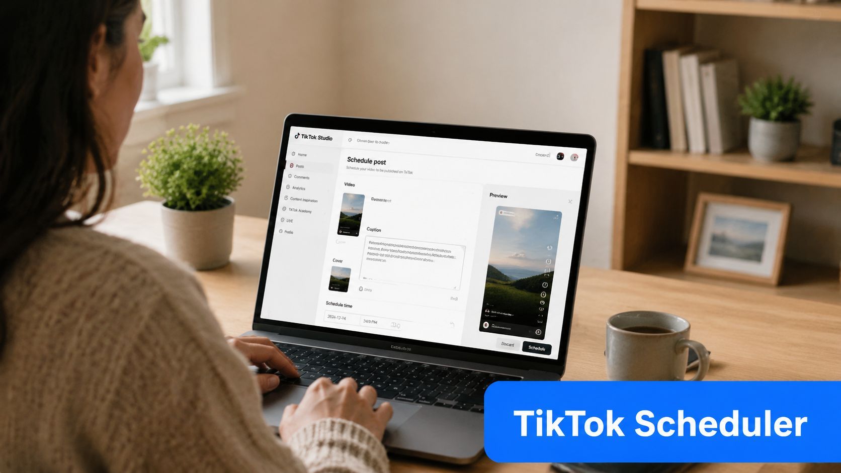 Una persona utilitzant un portàtil per programar contingut a la interfície del dashboard de TikTok Studio.